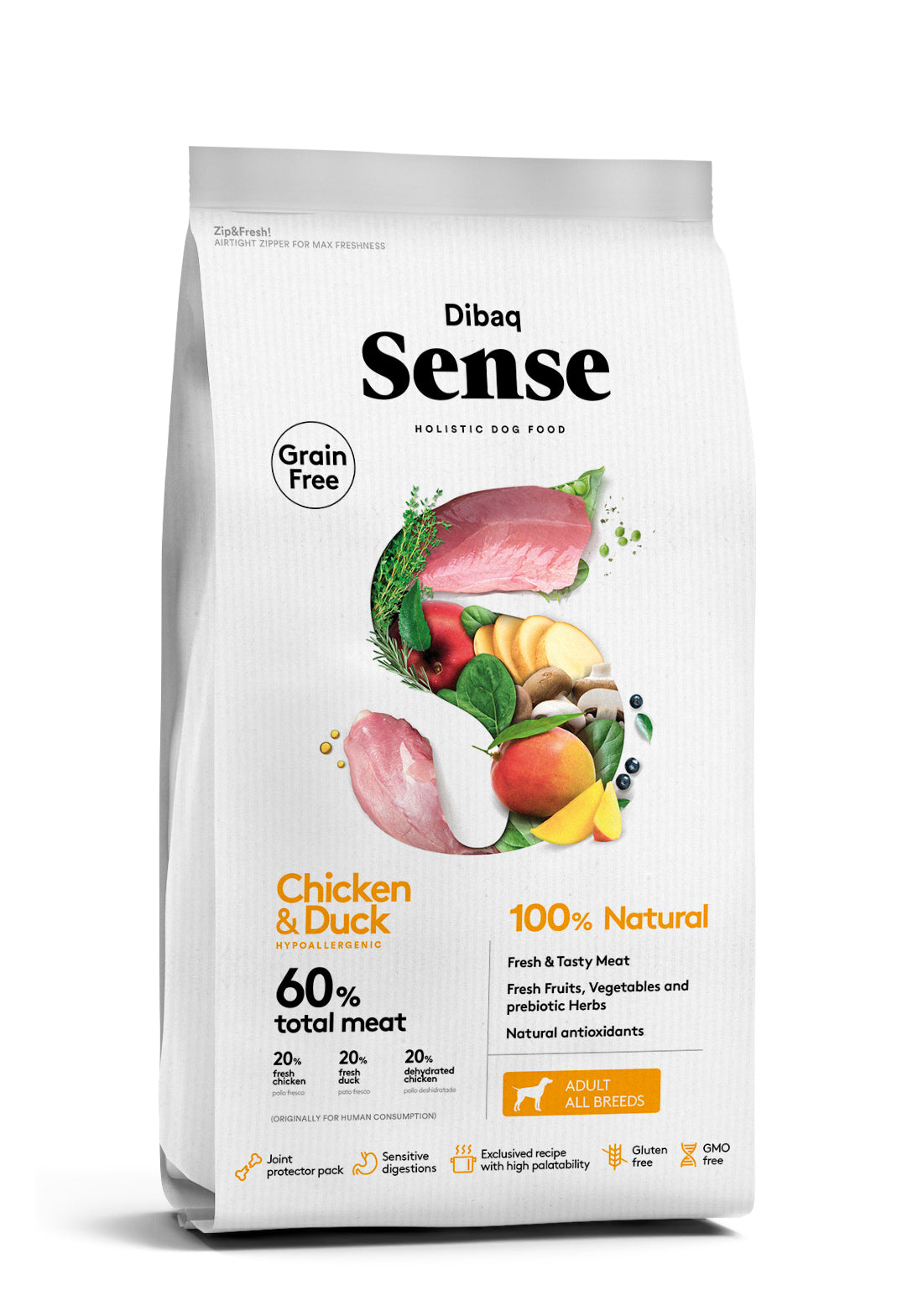 "Saco de pienso Dibaq Sense Grain Free Pollo y Pato, receta sin cereales con carnes frescas, verduras, frutas y protectores articulares para la nutrición natural de perros con piel y digestión sensibles."