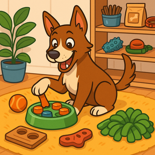 Ilustración de Pitu, el peludo de La Casa de Pitu, interactuando con un comedero de inteligencia y rodeado de juguetes interactivos, premios naturales y accesorios para el bienestar canino, en un hogar familiar.