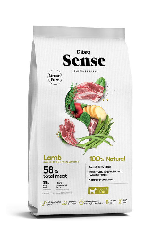 "Saco de pienso Dibaq Sense Grain Free Cordero Mini, receta sin cereales para perros de razas pequeñas con cordero fresco, verduras, frutas y protectores articulares, disponible en Paramascotas Majadahonda."