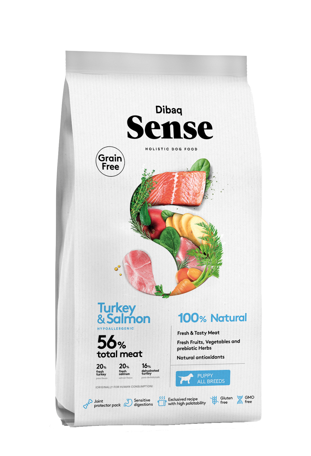 "Saco de pienso Dibaq Sense Grain Free Salmón y Pavo Cachorro, receta sin cereales con proteínas frescas, frutas, verduras y protectores articulares para el desarrollo saludable de cachorros, disponible en Paramascotas, tienda de alimentación natural para perros en Majadahonda."

