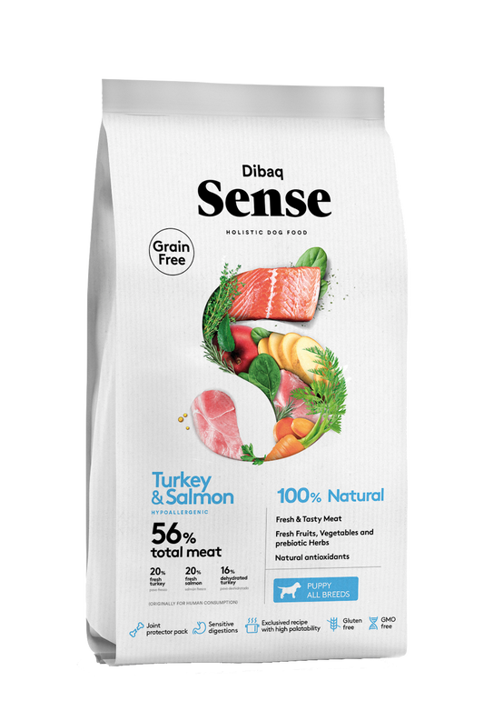 "Saco de pienso Dibaq Sense Grain Free Salmón y Pavo Cachorro, receta sin cereales con proteínas frescas, frutas, verduras y protectores articulares para el desarrollo saludable de cachorros, disponible en Paramascotas, tienda de alimentación natural para perros en Majadahonda."

