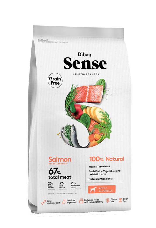  "Saco de pienso Dibaq Sense Grain Free Salmón, receta sin cereales con proteína de pescado fresco, verduras, frutas y protectores articulares, disponible en Paramascotas, tienda de alimentación natural en Majadahonda."