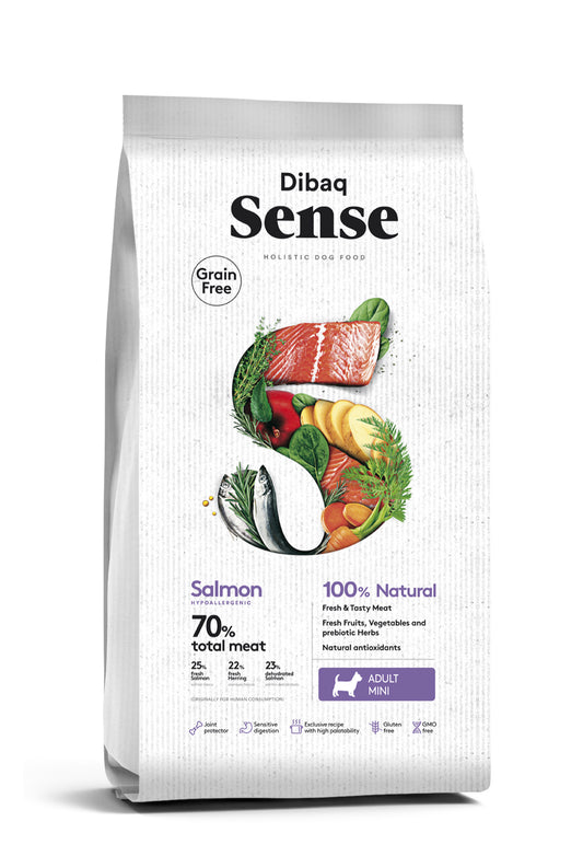 "Saco de pienso Dibaq Sense Grain Free Salmón Mini, receta sin cereales para perros de razas pequeñas con salmón y arenques frescos, verduras, frutas y protectores articulares, disponible en Paramascotas Majadahonda."